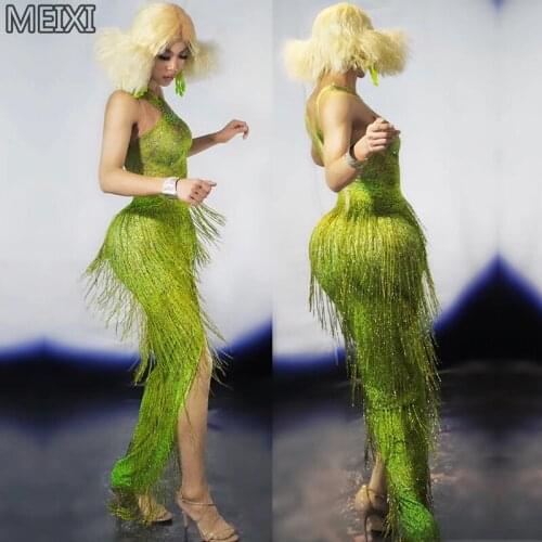 Green grass green slim fringe one-piece dress birthday party nightclub bar concert DJ singer/dancer costume