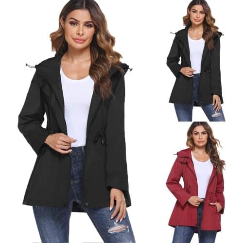 Women Autumn Winter Solid Color Waist Tight Windbreaker Zip Hooded Coat Jacket