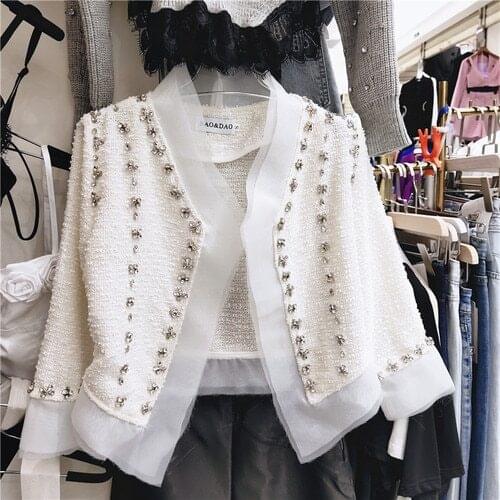 2021 Socialite Elegant Rhinestone Stitching Mesh Design Lady Chic Coat Women Tweed Cropped Jacket Female Clothes