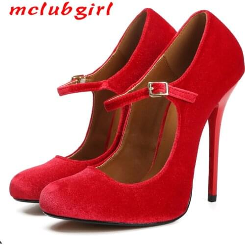 Mclubgirl 13cm Pseudo-girl Super-high Heel Womens Single Shoes NightClub Women Super High Heels Pumps Red sexy Buckle pumps ZQJ