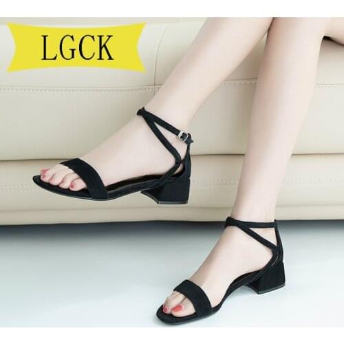 Plus Size 34-43 Black Pink Concise New Women Shoes Buckle Kid Suede Flock Sandals Square Heel High Heels Shoes Sexy Party Pumps