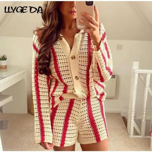 Knitted Hollow Out Womens Shorts Sets Long Sleeve Cardigan For Women And Red Stripe Shorts Loose Y2K 2021 Autumn Casual Sweater