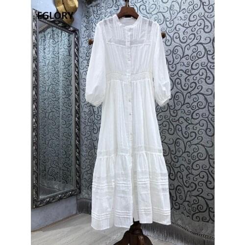 100%Cotton Long Dress 2021 Spring Summer Fashion Women O-Neck Hollow Out Embroidery Lantern Sleeve Casual White Beach Maxi Dress