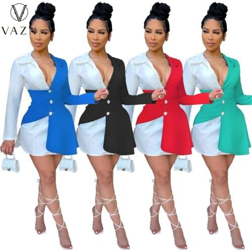 VAZN 2021 Deep V-neck Patchworl Shirt Dress Full Sleeve Casual Young Chiffon Slim Young Women Mini Dress