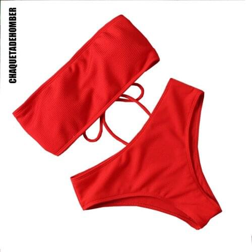 2021 Casual Sport High Waist Strapless Bikini Pure Color Women Swimwear Women Swimsuit Padded Bathing Suit Monokin