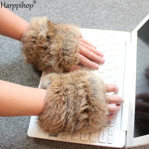 Harppihop Hand Made knitted Fur Fabric real REX rabbit Fur Glove winter Gloves mittens mit handwear