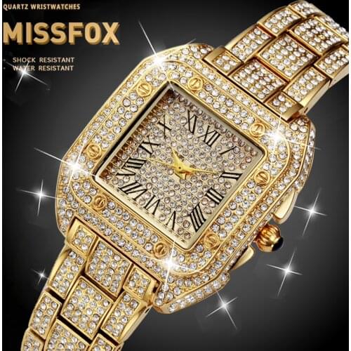 MISSFOX Square Mens Wrist Watch Waterproof Steel Tank Luxury Brand Iced Out Santos bracelets FF Unique Mens Diamond Watch