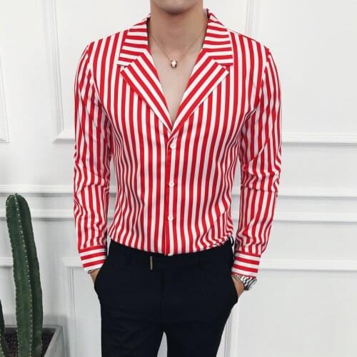 Mens Striped Shirt Suit Collar Long Sleeve Slim Fit Fashion Casual Shirt Male Black Red Fashion Camisas Hombre