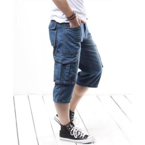 Mens Denim Shorts Loose Cropped Denim Shorts Summer Thin Workwear Multi-pocket Jeans Size