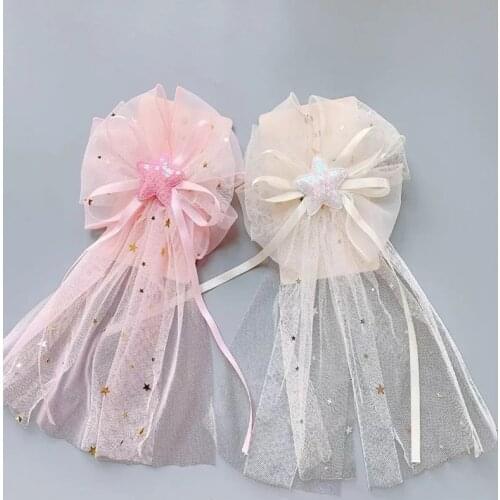 2021 New Wedding Flower Girl Hair Accessories Princess Hairpin Bow Star Net Pink And White Gauze Hairpin