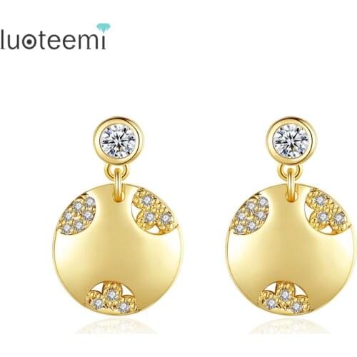 LUOTEEMI New Arrival Vintage Double Round Drop Earrings Gold Color Fashion Earrings for Women AAA Cubic Zircon Jewelry