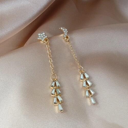 New Style Ornament Temperament Asymmetry Star Moon Long Tassel Crystal Earrings Kolczyki Earrings For Women