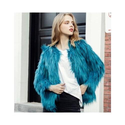 Fashion Furry Faux Fur Coat Women Fluffy Warm Long Sleeve Female Outerwear Autumn Winter Coat Jacket Hairy Collarless Overcoat