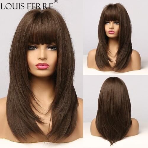 LOUIS FERRE Medium Dark Brown Golden Highlight Wigs Long Straight Layered Synthetic Wigs With Bangs for Black Women Cosplay