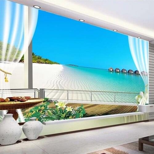 Custom Any Size Photo Murals Wallpaper 3D Stereo Window Balcony Beach Sea View Wall Cloth Living Room Home Decor Wall Paintings
