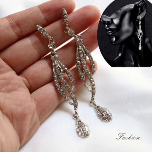 Fashion white rhinestone tassel earrings for women Vintage shiny long earrings retro earrings for wedding party