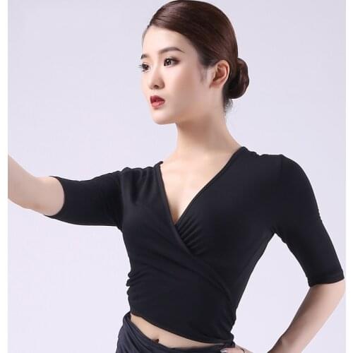 Latin Top Black Short Sleeve V Neck Shirts Women Rumba Salsa Cha Cha Samba Tango Dancing Clothes Adult Practice Wear DNV11672