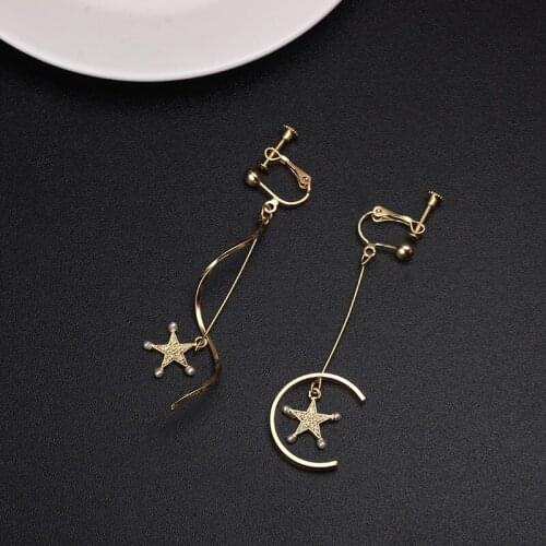 Dangle Clip On Earrings Gold Filled Stars With Pearl Geometric Wave Metal Designer No Pierce Clip Earings For Women Girls Ear