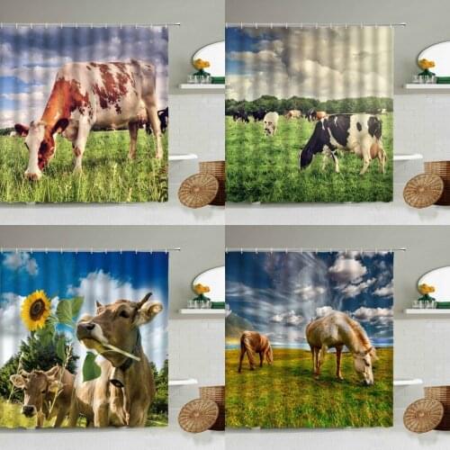 Farm Cow Bathroom Waterproof Fabric Shower Curtain Spring Grassland Pasture Flower Green Plant Animal Bathtub Screen Decoration