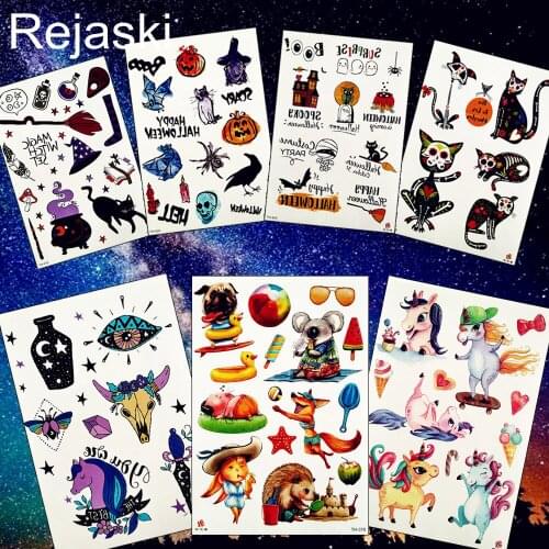 REJASKI Cartoon Small Halloween Unicorn Fox Temporary Tattoo Sticker Watercolor Cat Pumpkin Tattoos Body Art Arm Fake Tatoo Kids
