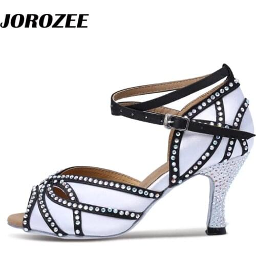 JOROZEE White Satin Rhinestones Latin Dance Shoes Women Squre Wedding Party Ballroom Dancing Shoes Soft Outsole 7.5cm Cuba Heel