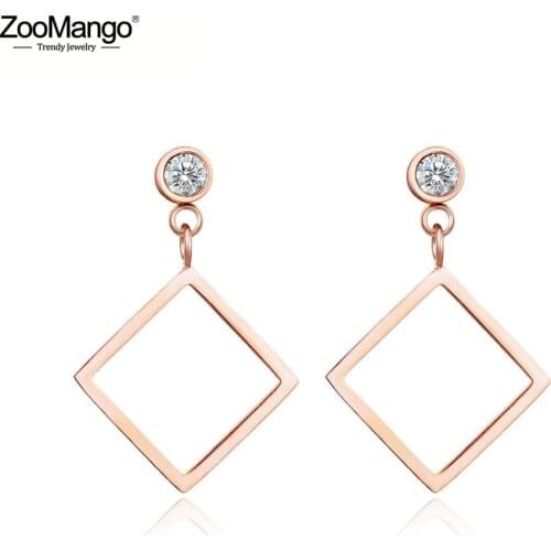 ZooMango Trendy Cubic Zirconia Square Geometric Stud Wedding Earrings For Women Titanium Steel Female Earrings Jewelry ZE17047