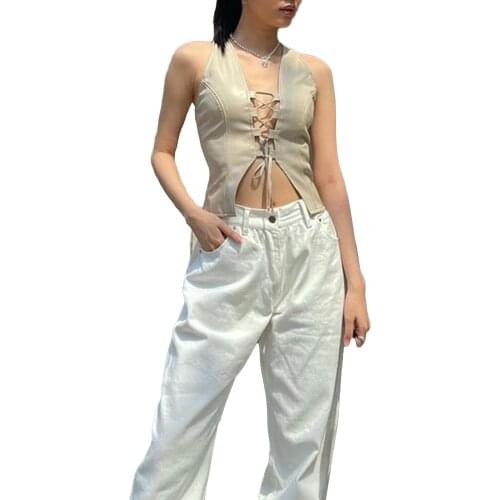 2021 Women Summer Crop Tops Solid Color Hollow-Out Cross Straps Sleeveless Tank Tops for Girls Beige