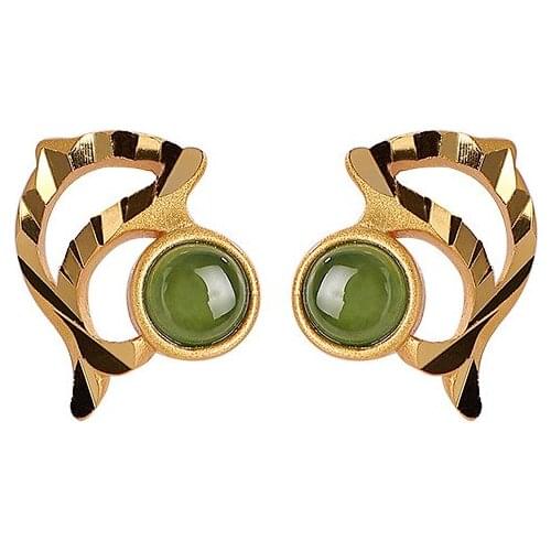 S925 sterling silver gold-plated natural Hetian jade stud earrings graceful personality exquisite Dolphin Womens earrings