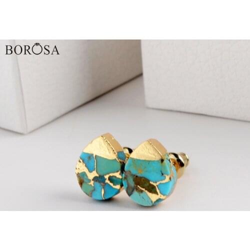 BOROSA Gold Teardrop Copper Turquoises Stud Earrings for Women High Quality Gems Natural Blue Stone Statement Earrings G1984