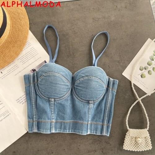 ALPHALMODA 2021 Summer Women Stylish Denim Corset Top Washed Jeans Sexy V-neck Backless Bustier Adjustable Strap Padded Vest