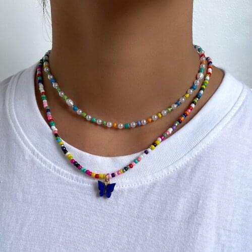 Bohemian Butterfly Pendant Beaded Necklace For Women Multicolor Acrylic Glass Bead Strand Imitation Pearls Choker Chain Jewelry