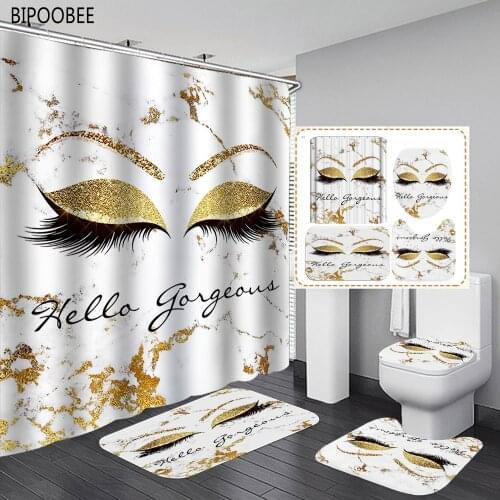 Gold Eyelash Print Bathroom Shower Curtain High Quality Durable Bath Mat Set Non-Slip Pedestal Rug Toilet Cover Bathtub Curtains