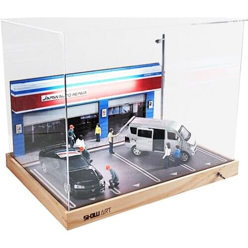 1/32 Artificial Model Car Repair Shops Parking Model Parking Garage Scene Wooden Acrylic with Light Dust Proof Box Display Box