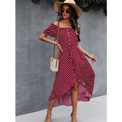 2021 New Ladies Dot Polka Print Dress Women Tassel Button Off The Shoulder Dress For Woman Sexy Slash Neck Spring Summer Dress