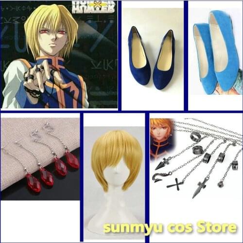 Anime HUNTER x HUNTER Kurapika Kurta Cosplay blue WIG Shoes Hand Accessory Earrings