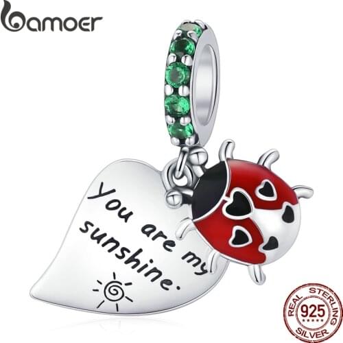 Bamoer 925 Sterling Silver Ladybug Charm You Are My Sunshine Leaf Pendant for Original Bracelet Bangle Women DIY Jewelry BSC492