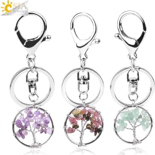 CSJA Natural Crystal Stone Round Tree of Life Pendant Handmade Keychains Key Ring Key Holder for Women Car Bags Accessories E820