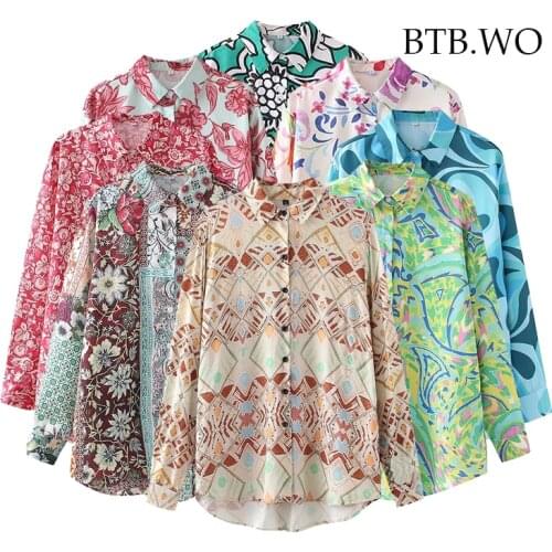BTB.WO Za 221 Women Fashion Oversized Totem Print Slit Hem Blouses Vintage Long Sleeve Button-up Female Shirts Chic Tops