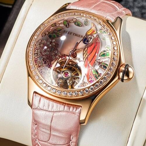 Reef Tiger/RT 2021 New Womens Luxury Fashion Mechanical Watches Diamond Automatic Tourbillon Watch Leather Strap Watch