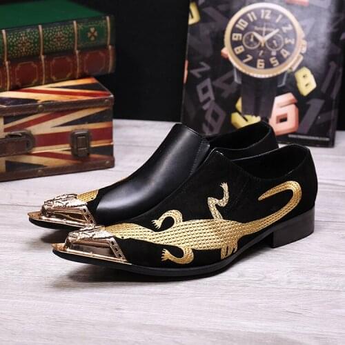 Christia Bella Personalized Fashion Metal Pointed Toe Male Plus Size Shoes Golden Embroidery Genuine Leather Mens Party Shoes