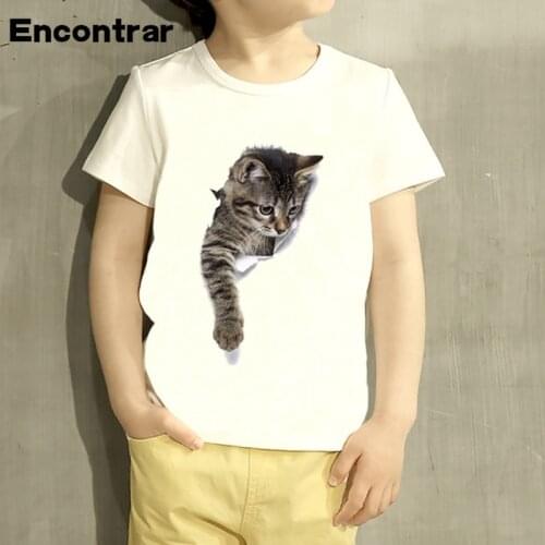 Children 3D Peep Cat Head Cartoon Design T Shirt Kids Animal Clothing For Boys Baby Girls White T-Shirts,HKP2216