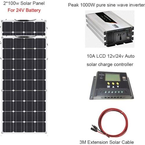 2*100W Flexible Solar Panel with 10A LCD 12V/24V Controller and Surge 1000W Pure Sine Wave Inverter for 24V solar battery charge