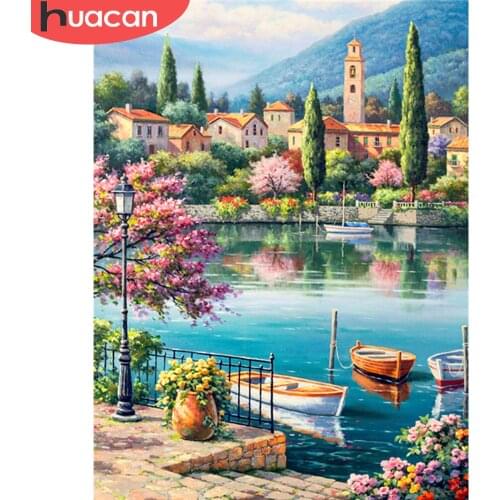 HUACAN 5D Diamond Painting Town Cross Stitch Kits Diamond Embroidery Landscape Mosaic Seaside Needlework Rhinestone Home Decor