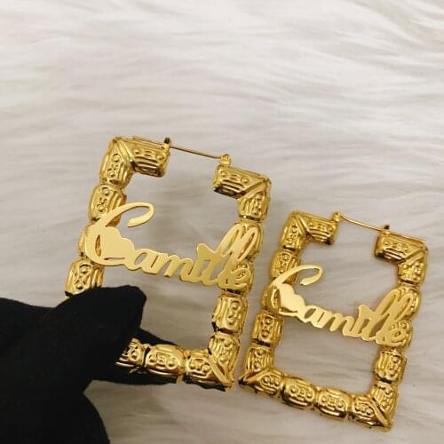Name Bamboo Earrings Custom Trapezoid Hoop Bamboo Name Earrings Letter Big Personalised Name Earrings women Gift