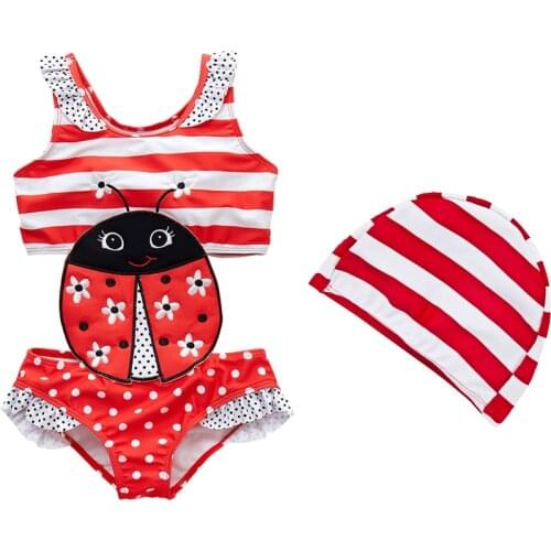 Kavkas Swimsuit For Baby Girls Summer Cartoon Ladybird Embroidery One Piece Swimming Costume Striped Swimming Cap Suit