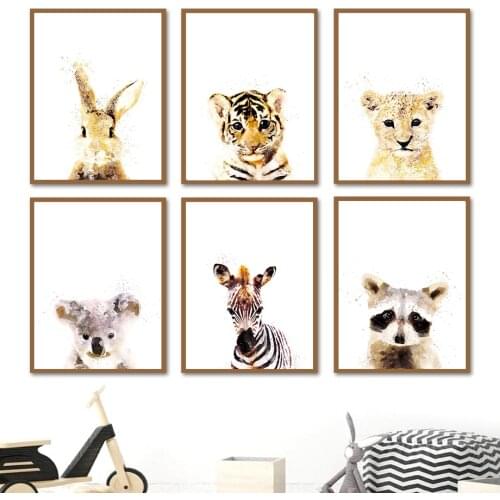 Cute Watercolor Animal Tiger Lion Zebra Raccoon Wall Art Canvas Painting Nordic Posters And Prints Wall Pictures Kids Room Decor