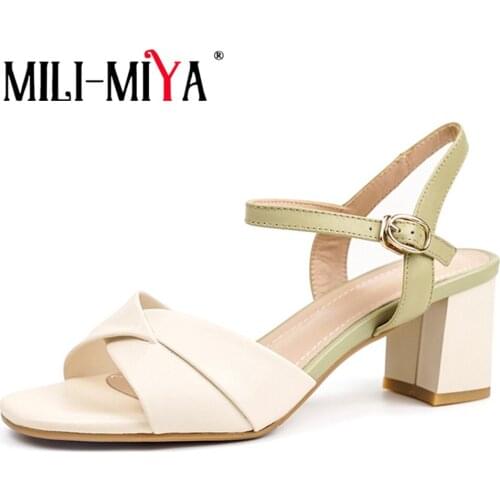 MILI-MIYA Hot Sale Thick Heels Ladies Sandals Elegant Genuine Leather Footwear Pleated Buckle Strap Summer Party Casual Shoes