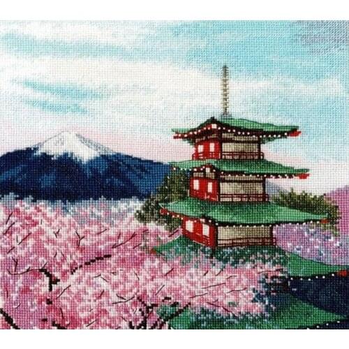 Fashion Needlepoint Chureito Pagoda Embroidery Cross Stitch Flower Patterns with 100% Cotton Floss &Free Shipping for Wall Decor