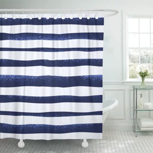 Navy Nautical Retro Marine Grunge Striped Vest Curved Stripes Blue Ocean Shower Curtain Polyester 72 x 72 Inches Set with Hooks