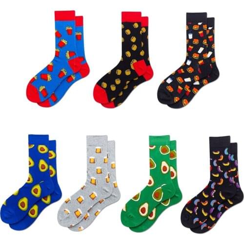 Men Cotton Happy Socks Food Hamburg Chips BeerSausage Fruit Avocado Comfortable Funny Socks Adult Casual Crew Socks AutumnWinter